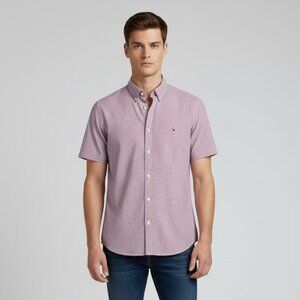 Tommy Hilfiger Cotton Button Down Short Sleeve Custom Fit Red Shirt Medi…